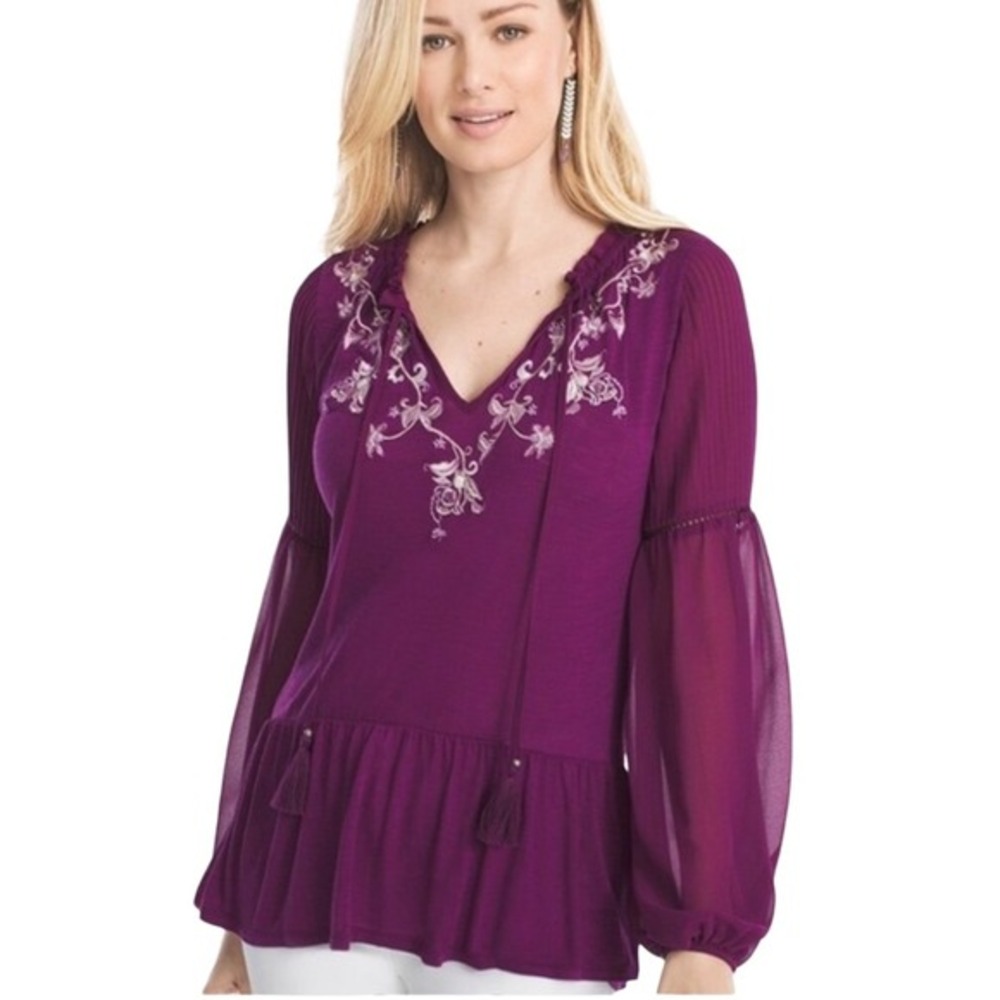 White House Black Market Plum Purple Embroidered Tassel Peplum Blouse‎ S Womens